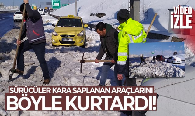 Kuzey Marmara Otoyolu'nda bıraktıkları araçlarını kazma kürekle kurtardılar