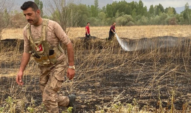 Erzincan'ın Mahmutlu köyünde arazide çıkan anız yangını fazla büyümeden...
