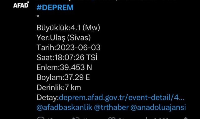 Sivas'ın Ulaş ilçesinde saat 18.07'de meydana gelen deprem kısa sür...