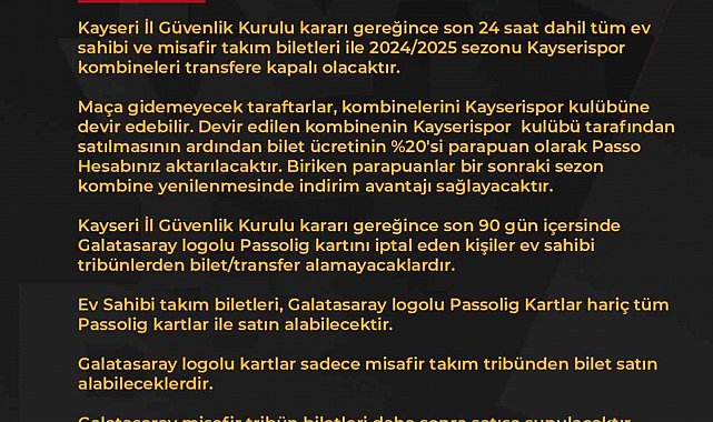 Kayserispor - Galatasaray maçı bilet fiyatları belli oldu