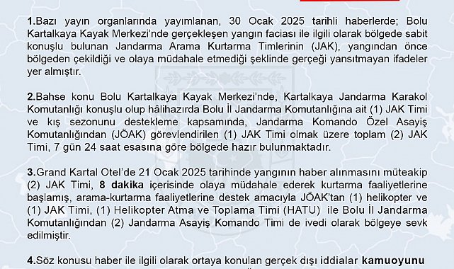Jandarma Genel Komutanlığı'ndan Bolu'daki otel yangınına müdahale edilmediği iddialarına ilişkin açıklama