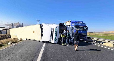 Mardin'de kontrolden çıkan peynir yüklü tır devrildi