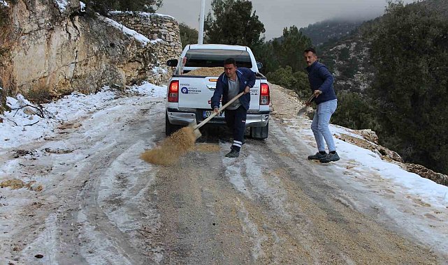 Büyükşehir ekiplerinden buz tutan yollarda tuzlama çalışması