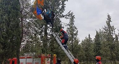 Denizli'de ağaçta asılı kalan yamaç paraşütçüyü itfaiye kurtardı