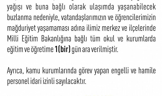 Elazığ'ın ilçelerinde de eğitime bir gün ara verildi