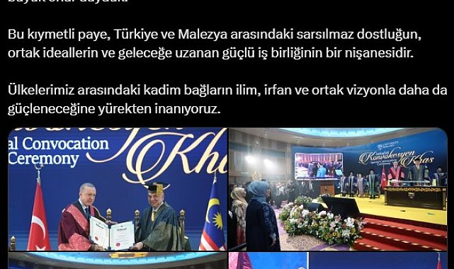 Emine Erdoğan'dan, Cumhurbaşkanı Erdoğan'a Malezya'da fahri doktora beratı tevdi edilmesine ilişkin paylaşım: