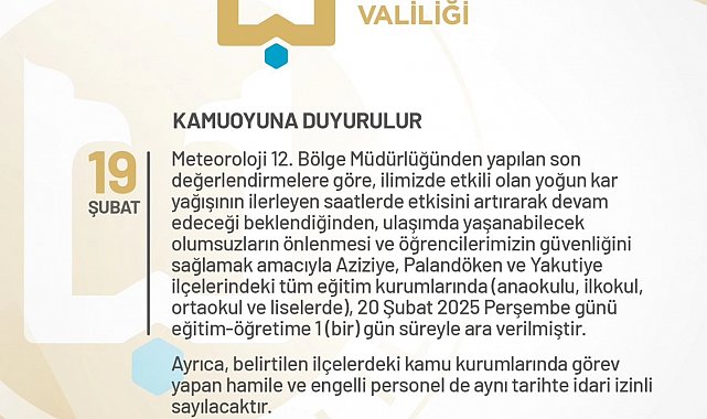 Erzurum'da eğitime 1 gün kar tatili