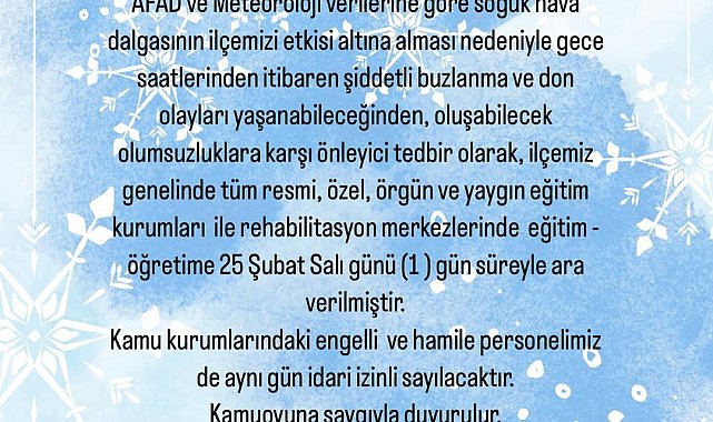 Niksar'da olumsuz hava şartları nedeniyle eğitime 1 gün ara