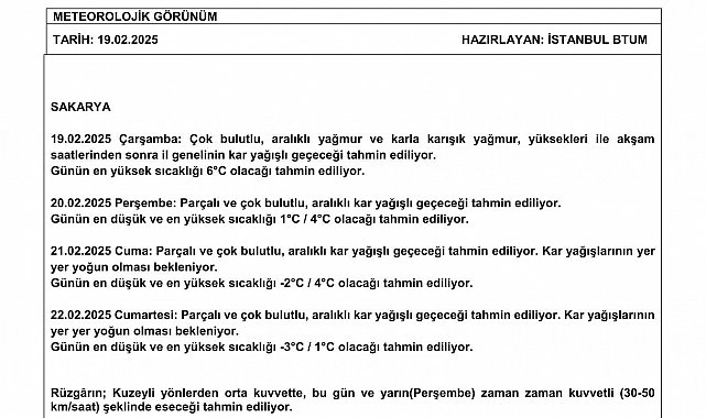 Sakarya'da soğuk ve yağışlı hava uyarısı