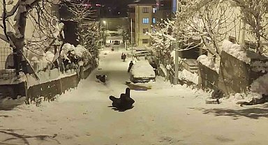 Sokağı kızak pistine çeviren çocuklar doyasıya eğlendi