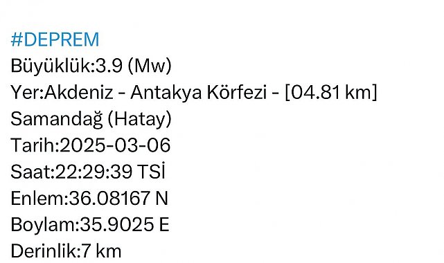 Hatay'da 3.9 büyüklüğünde deprem