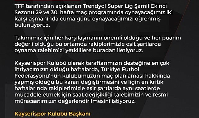 Kayserispor, Hatayspor maçının saatinde değişiklik istedi