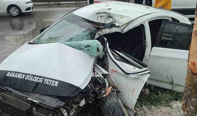 Adapazarı'nda ağaca çarpıp hurdaya dönen otomobildeki 2 kişi yaralandı