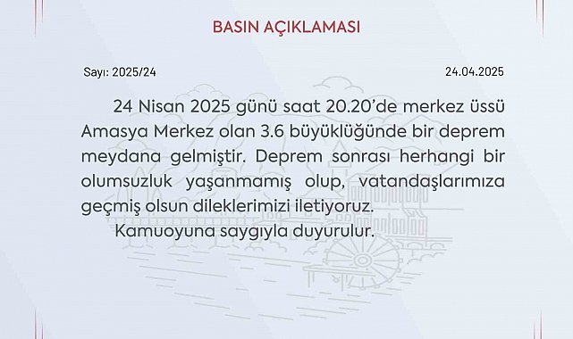 Amasya Valiliğinden deprem sonrası açıklama: "Depremde bir olumsuzluk yaşanmamıştır"