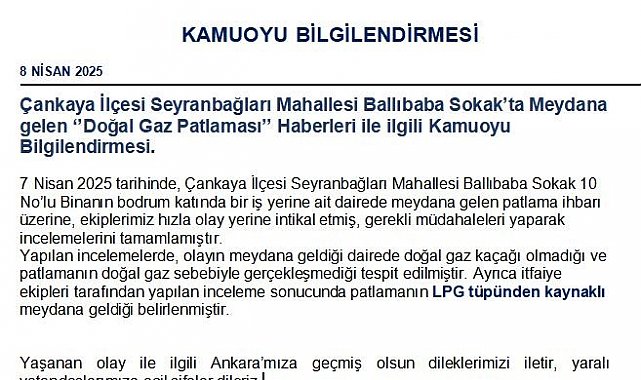 Başkent'te gerçekleşen patlamanın LPG tüpünden kaynaklı olduğu belirlendi