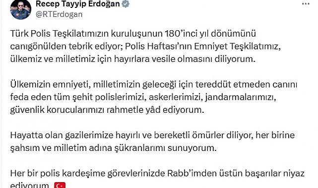 Cumhurbaşkanı Erdoğan, Polis Teşkilatı'nın 180'inci yılını kutladı