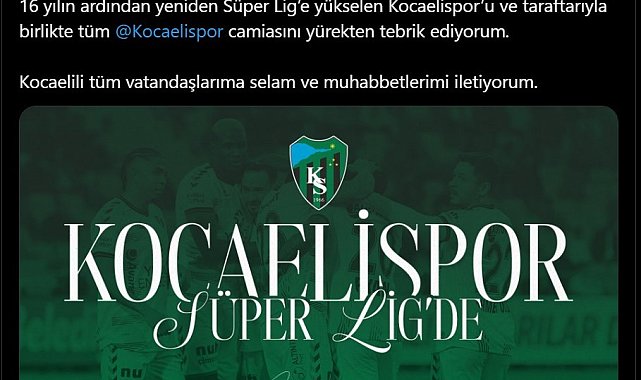 Cumhurbaşkanı Erdoğan'dan Kocaelispor'a tebrik