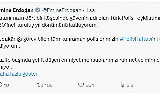 Emine Erdoğan, Türk Polis Teşkilat'ının 180'inci kuruluş yıl dönümünü kutladı