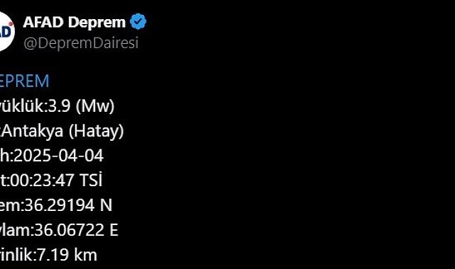 Hatay'da 3.9 büyüklüğünde deprem
