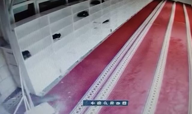 Kedinin caminin asma tavanını yıkarak aşağı düştüğü anlar kamerada