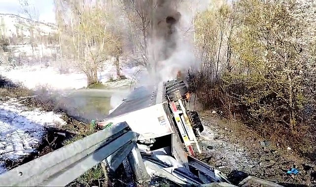 Kontrolden çıkıp devrilen tır alev aldı, sürücü hayatını kaybetti