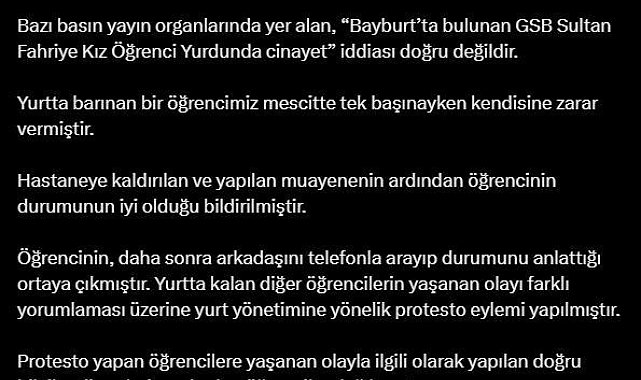 KYK, Bayburt'ta yurtta cinayet işlendiği iddiasını yalanladı