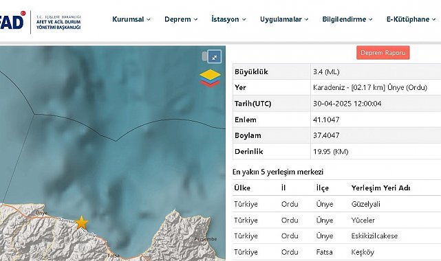 Ordu'da 3.4 büyüklüğünde deprem