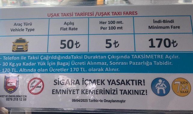 Uşak'ta taksi indi-bindi ücreti 170 TL oldu