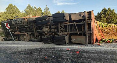 Antalya'da karpuz yüklü kamyon devrildi, tonlarca karpuz yol kenarına savruldu