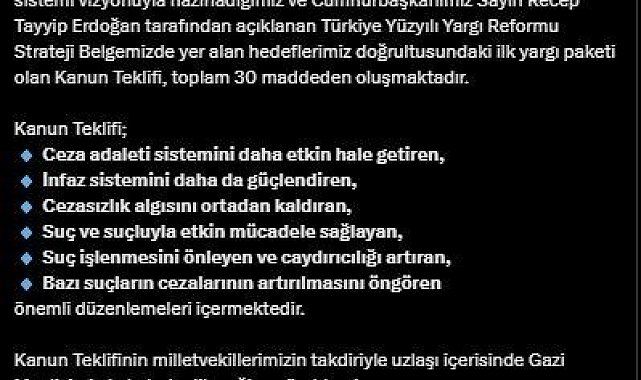 Bakan Tunç: "İlk yargı paketi olan kanun teklifi toplam 30 maddeden oluşmaktadır"