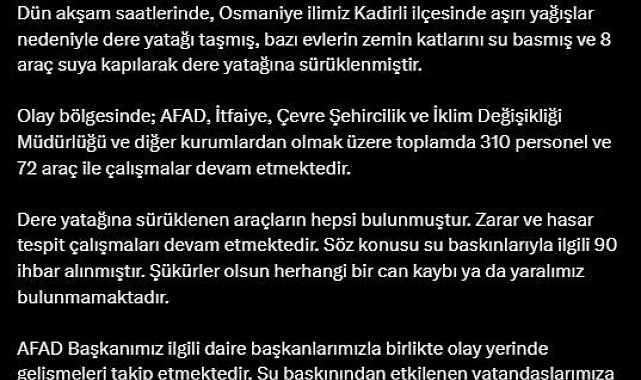 Bakan Yerlikaya, Osmaniye'de taşan dere yatağında can kaybı olmadığını duyurdu