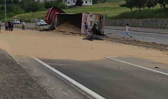 Bingöl'de buğday yüklü tır devrildi, yol trafiğe kapandı