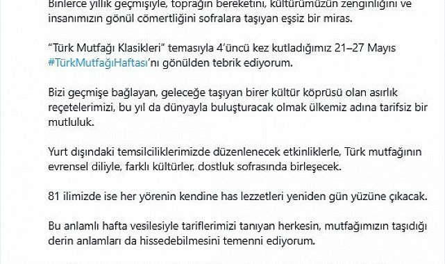 Emine Erdoğan'dan Türk Mutfağı Haftası paylaşımı