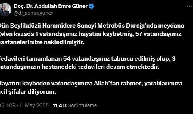 İl Sağlık Müdürü Güner: "Metrobüs kazasında 1 vatandaşımız hayatını kaybetti, 57 vatandaşımız yaralandı"
