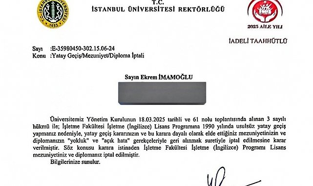 İmamoğlu'nun diplomasının iptali İstanbul Üniversitesi tarafından tebliğ edildi