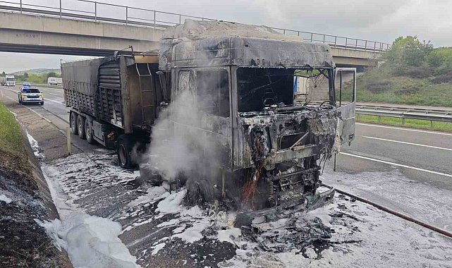 Lastiği patlayarak alev alan tır küle döndü