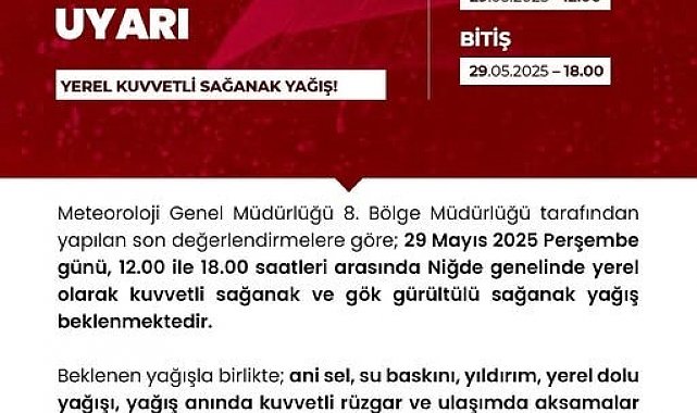 Niğde'de kuvvetli sağanak yağış uyarısı