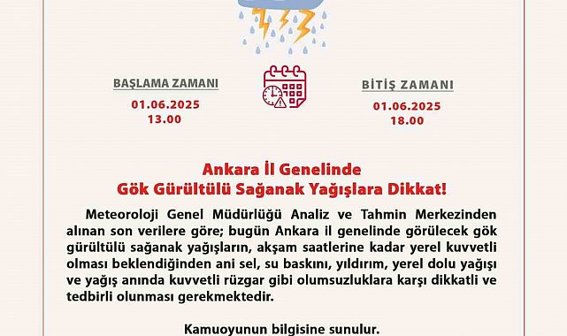 Ankara Valiliği'nden gök gürültülü sağanak yağış uyarısı