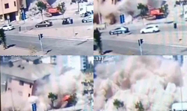 Binanın iş makinesinin üzerine çöktüğü anlar kamerada