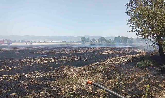 Burdur'da arazide çıkan yangında 10 dönüm anız, saman balyaları ve sulama boruları zarar gördü