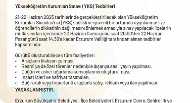 Erzurum Valiliği'nden YKS önlemleri
