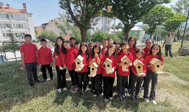 Hisarcık'ta minik öğrenciler ağaçlara kuş yuvası astı