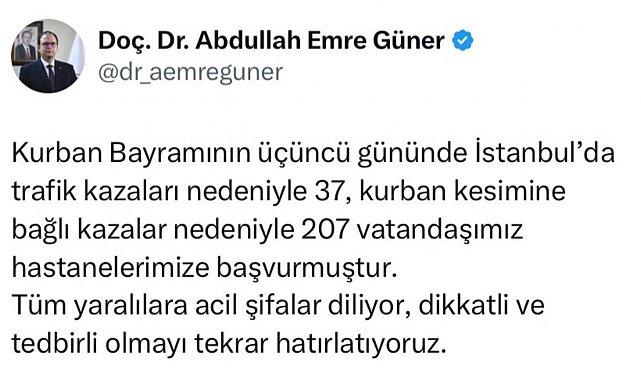 İstanbul'da bayramın 3'üncü gününde 244 kişi hastaneye başvurdu