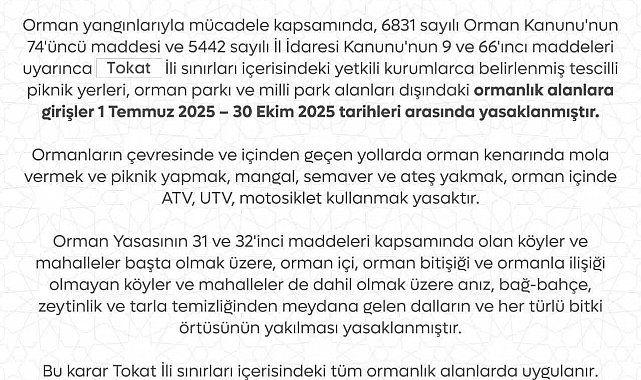 Tokat'ta yaz aylarında ormanlara girişe kısıtlama getirildi