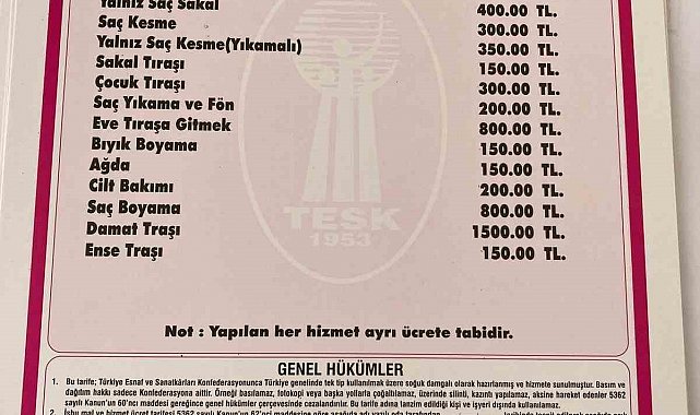 Bafra'da berber ve kuaförlere zam: Ense tıraşı 150 lira