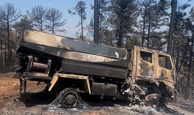 Bursa'daki yangında bir kamyon alevlerin arasında kalarak kullanılamaz hale geldi