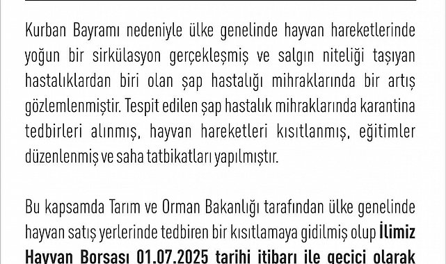 Elazığ Hayvan Borsası, şap tedbirleri kapsamında geçici olarak kapatıldı