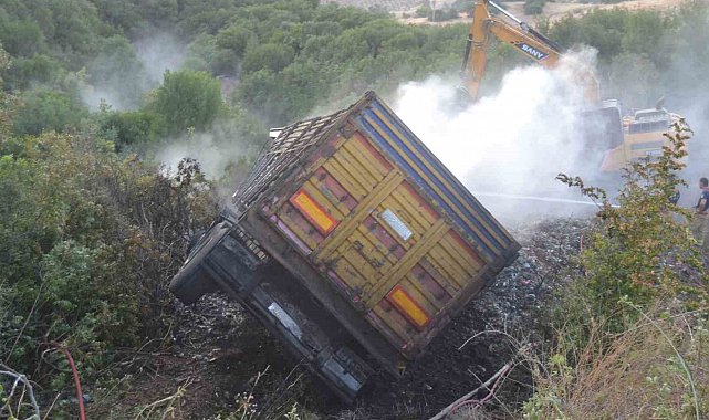Manisa'da alev alan kamyon şarampole uçtu, yangın ormana sıçramadan söndürüldü