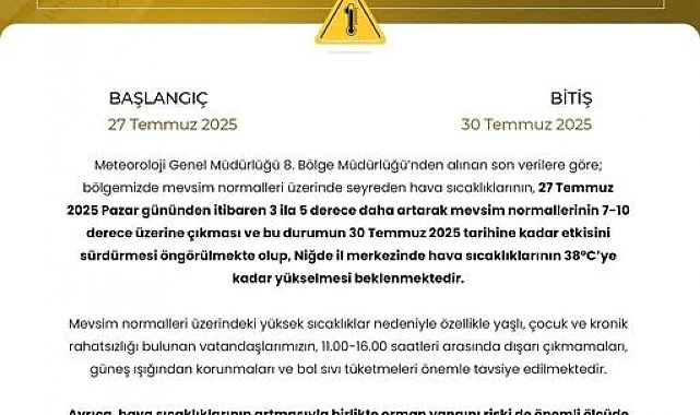 Niğde'de kavurucu sıcaklar geliyor: Termometreler 38 dereceyi görecek