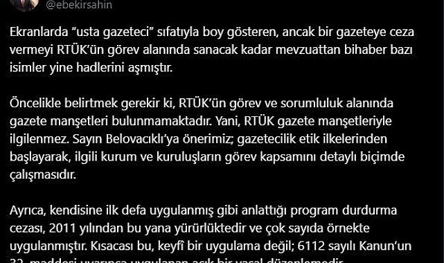 RTÜK Başkanı Şahin: "RTÜK gazete manşetleriyle ilgilenmez"